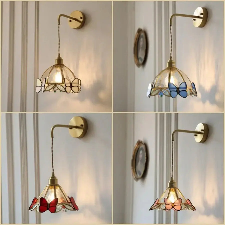 Brass orange butterfly stained glass wall light fixture bedroom sconce