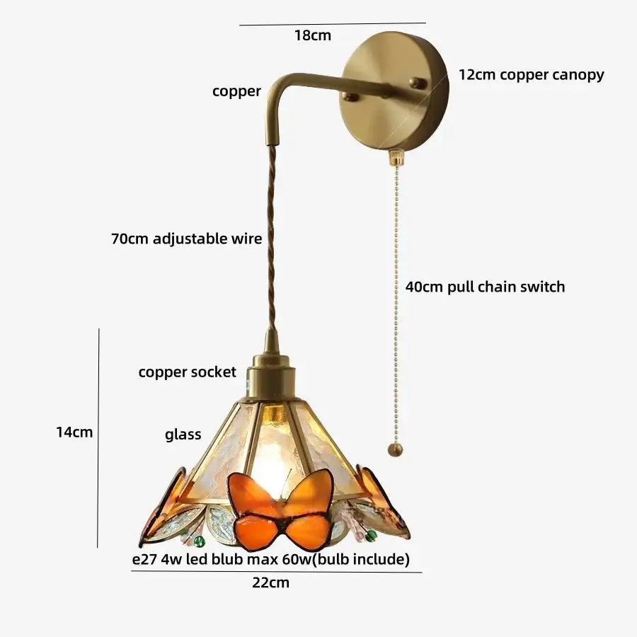 Brass orange butterfly stained glass wall light fixture bedroom sconce