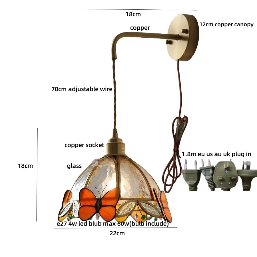 Brass orange butterfly stained glass wall light fixture bedroom sconce