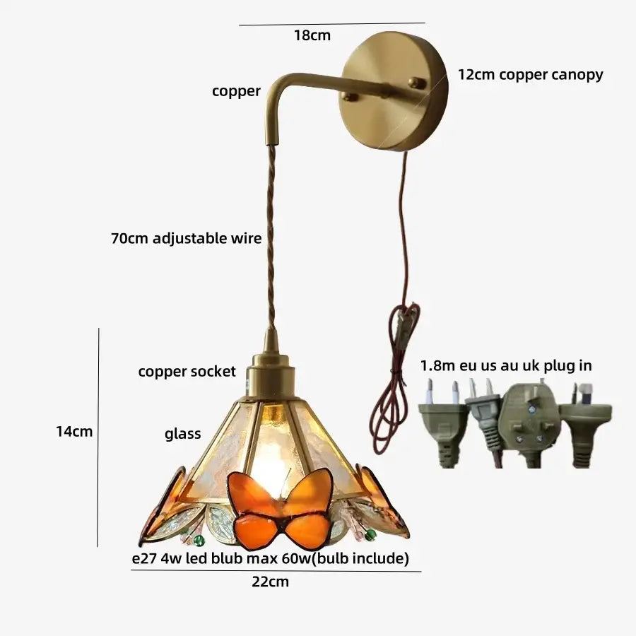 Brass orange butterfly stained glass wall light fixture bedroom sconce