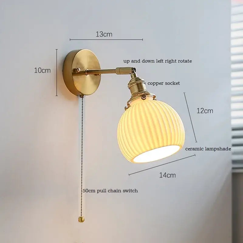 Brass ribbed decorbites ceramic wall sconce with iron arm bedroom light