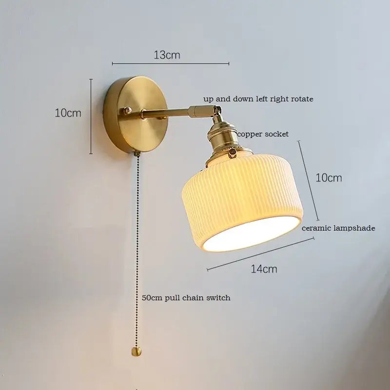 Brass ribbed decorbites ceramic wall sconce with iron arm bedroom light