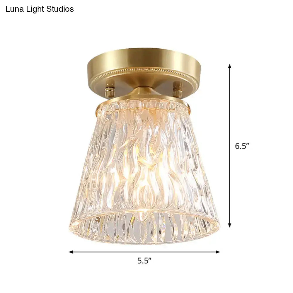 Brass semi flush mount with clear fluted glass for living room