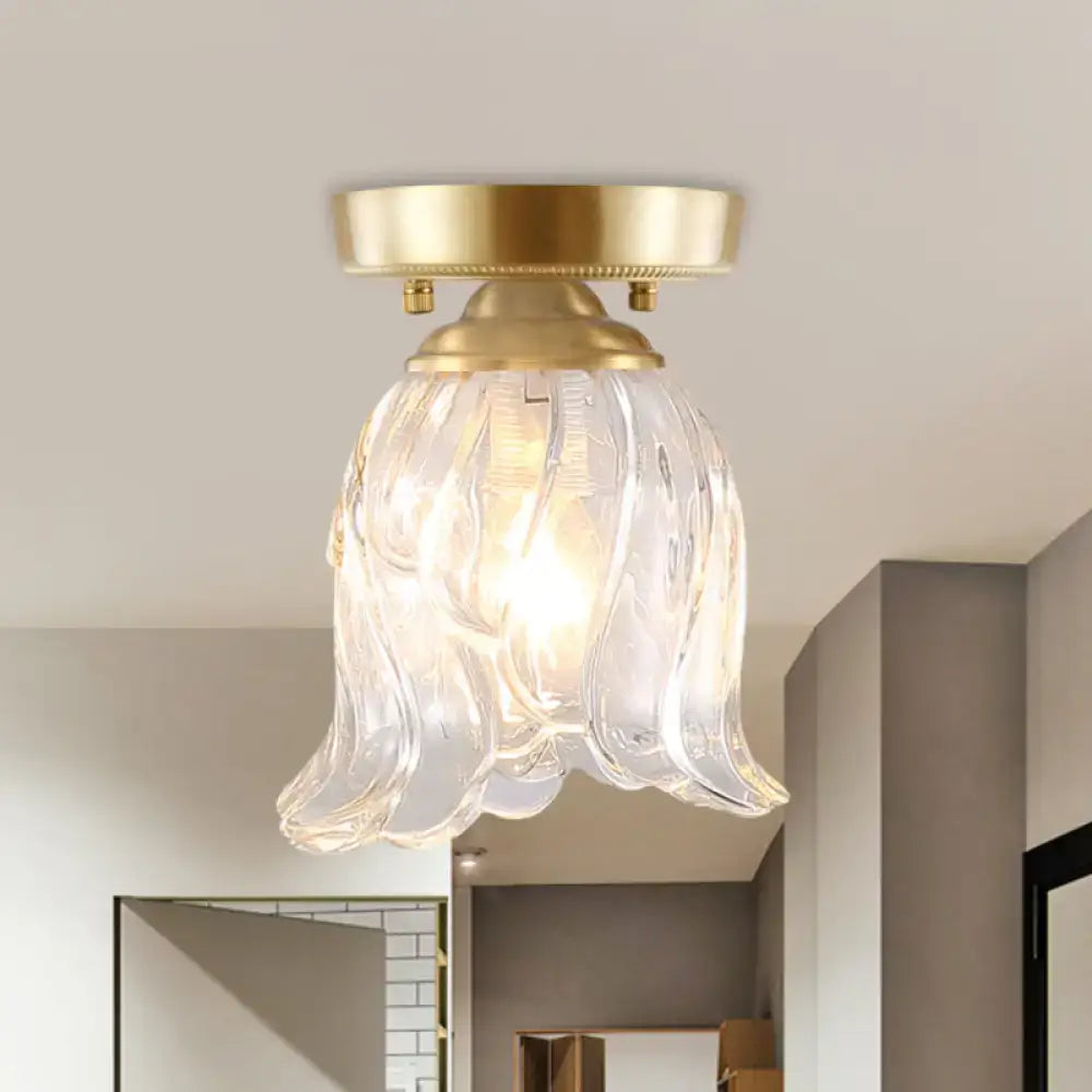 Brass semi flush mount with clear fluted glass for living room