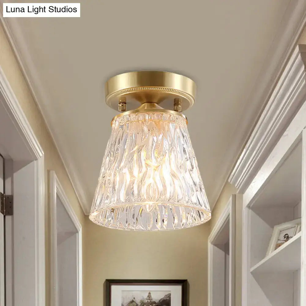 Brass semi flush mount with clear fluted glass for living room