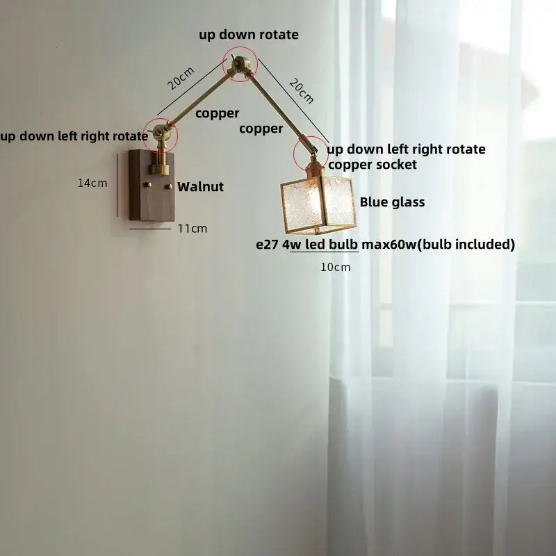 Brass walnut led wall lamp rotatable glass hallway light