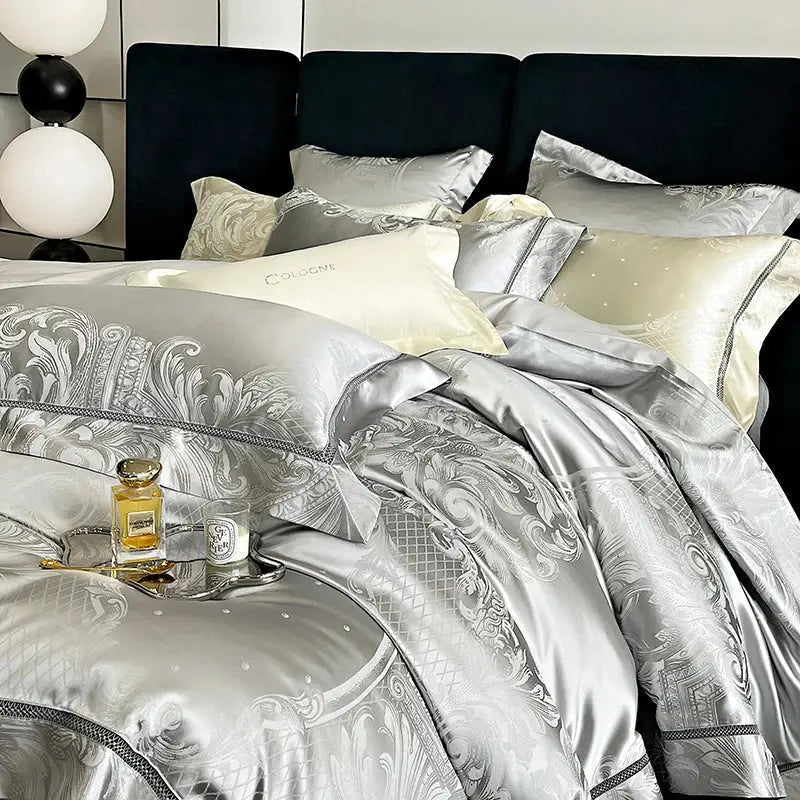 Brocade satin jacquard silver bedding set bedroom damask embroidery