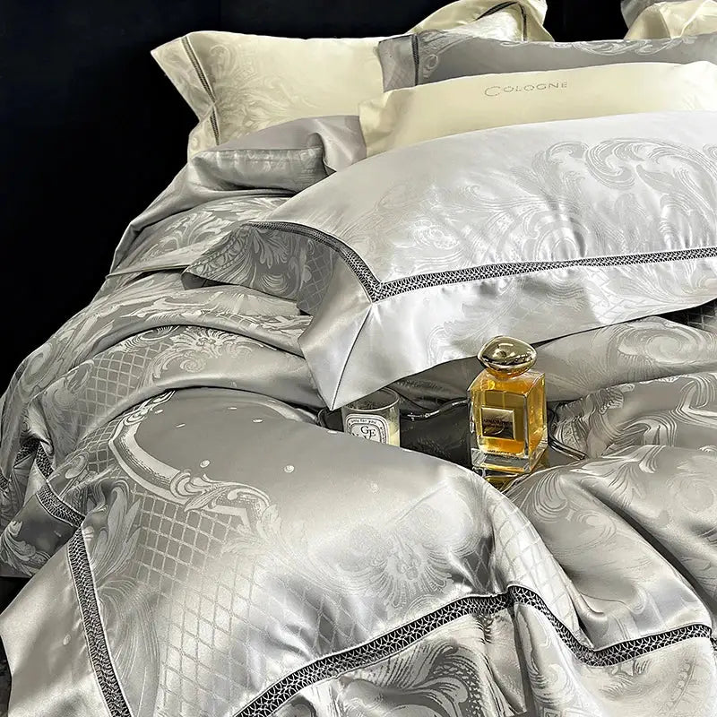 Brocade satin jacquard silver bedding set bedroom damask embroidery