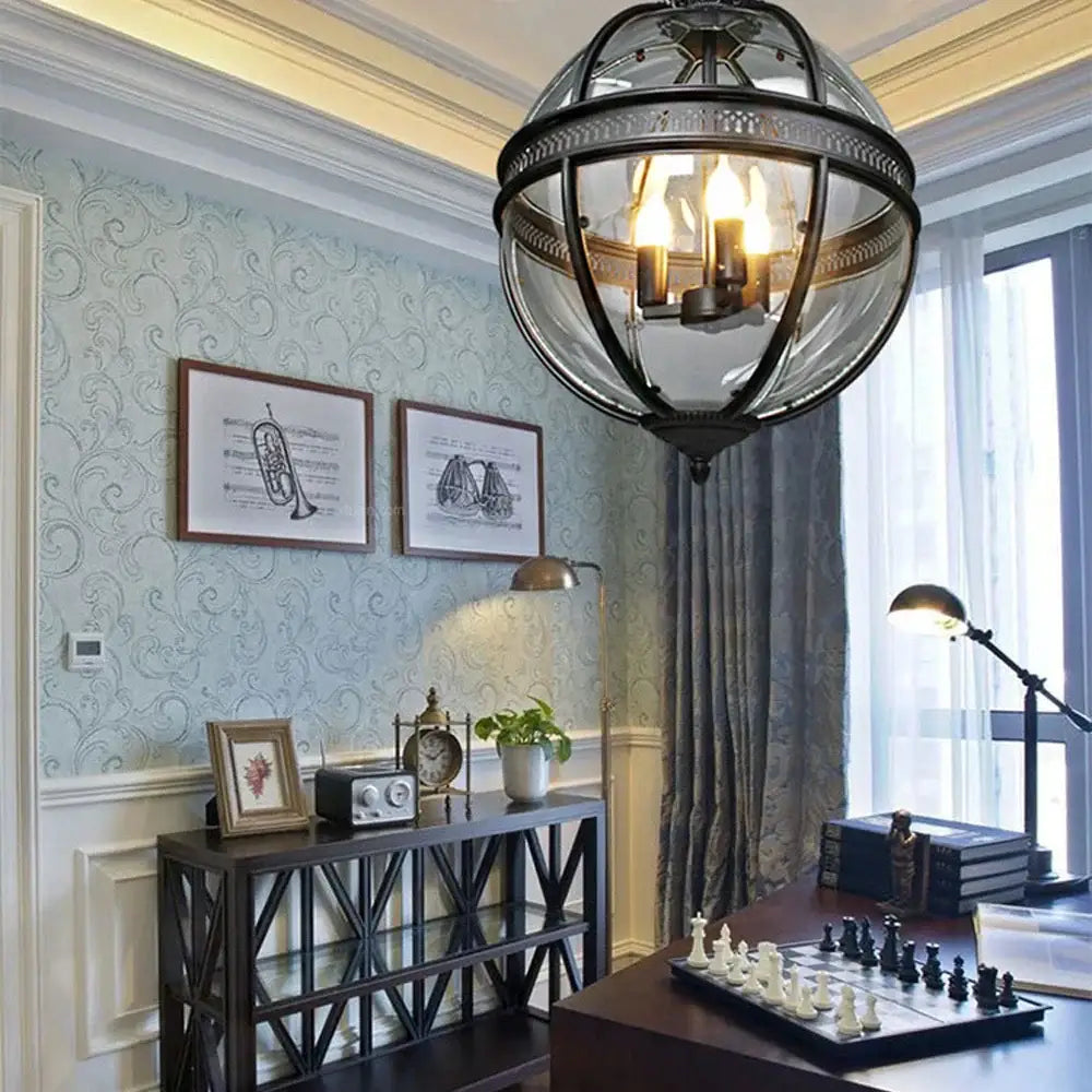 Bronze black glass globe chandelier foyer light