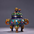 Bronze cloisonne lion incense burner blue & gold living room decor