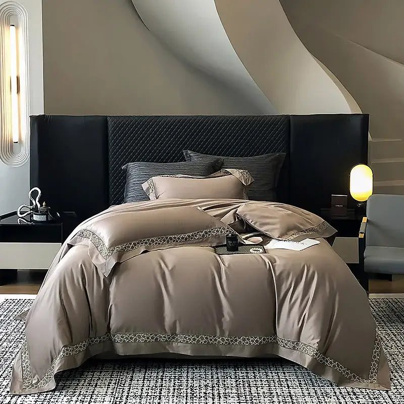 Brown lace embroidery bedding set – bedroom egyptian cotton linen