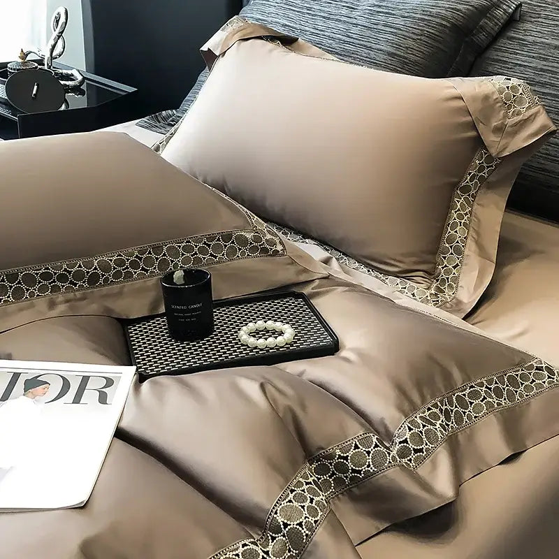 Brown lace embroidery bedding set – bedroom egyptian cotton linen
