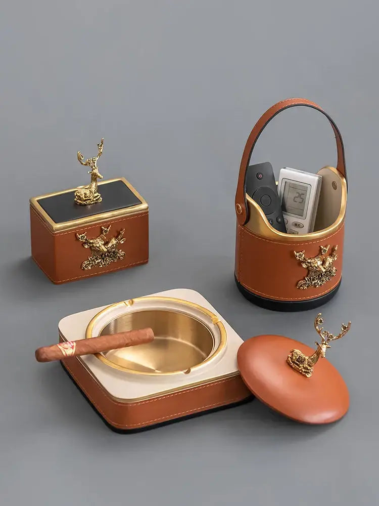 Brown leather desktop storage basket with gold deer for office