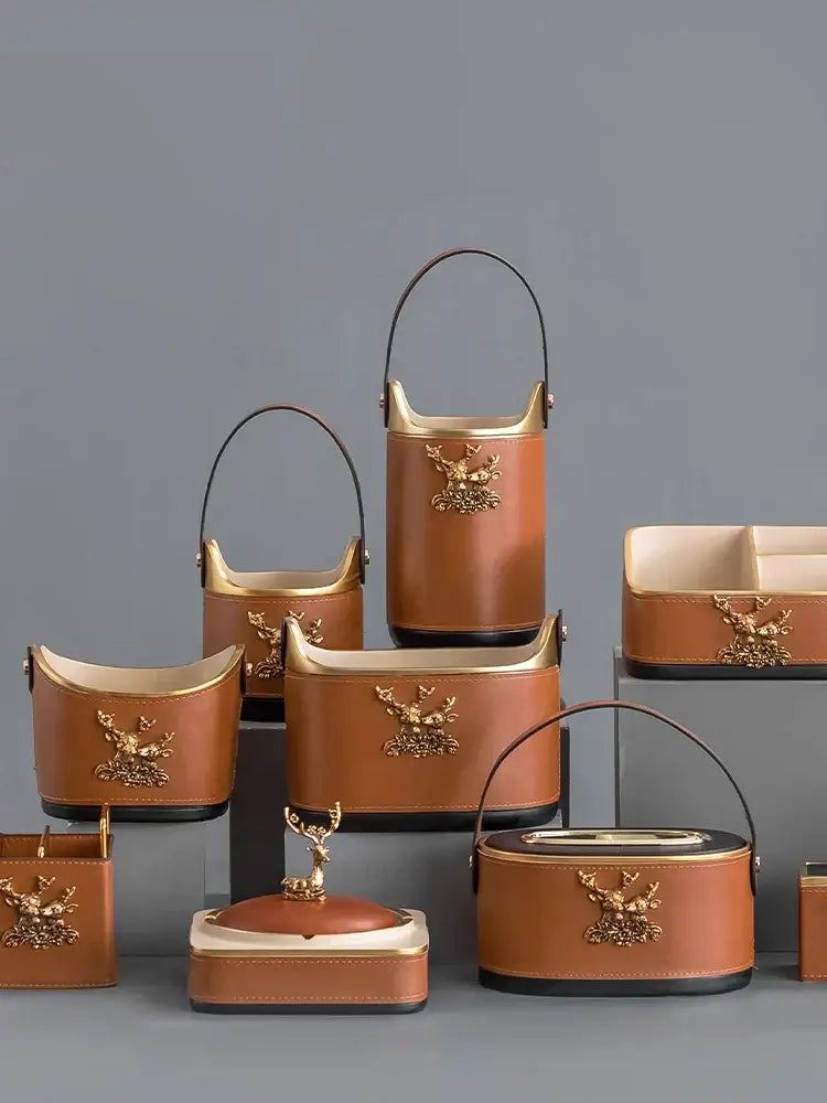 Brown leather desktop storage basket with gold deer for office