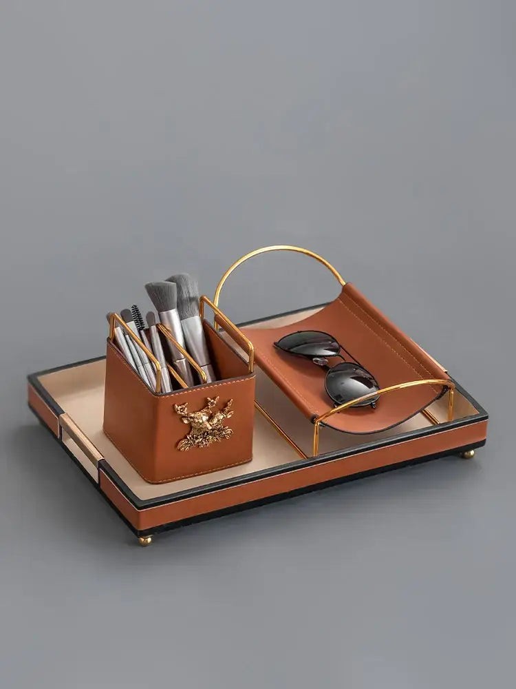 Brown leather desktop storage basket with gold deer for office