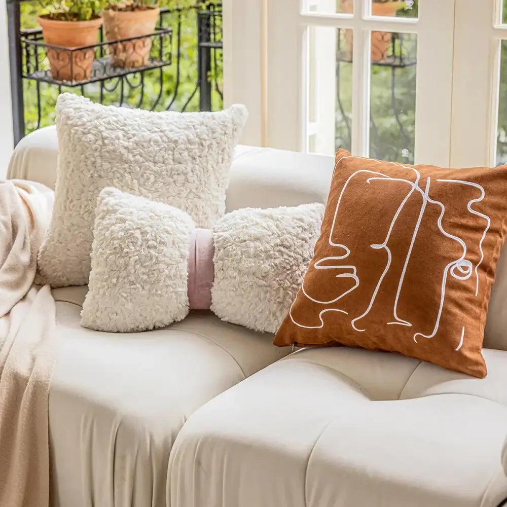 Brown & white geometric embroidery plush cushion cover living room