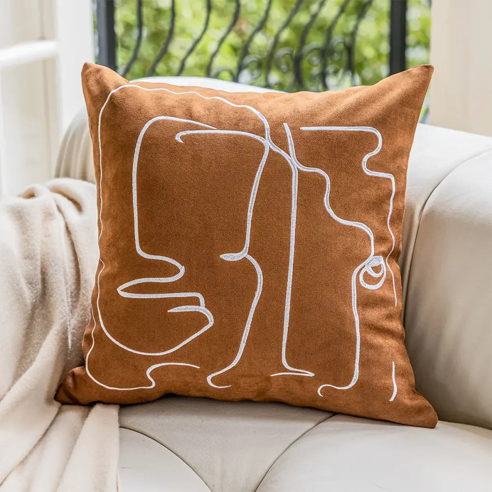 Brown & white geometric embroidery plush cushion cover living room