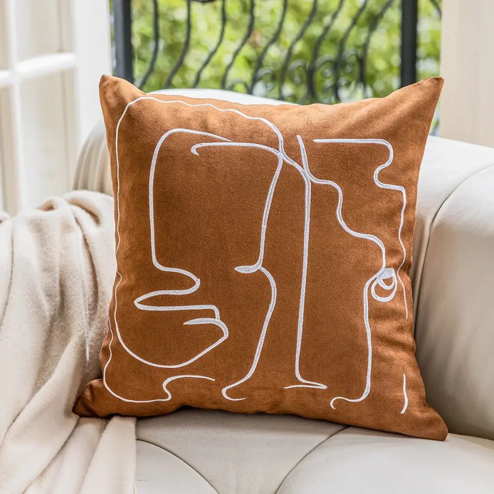 Brown & white geometric embroidery plush cushion cover living room