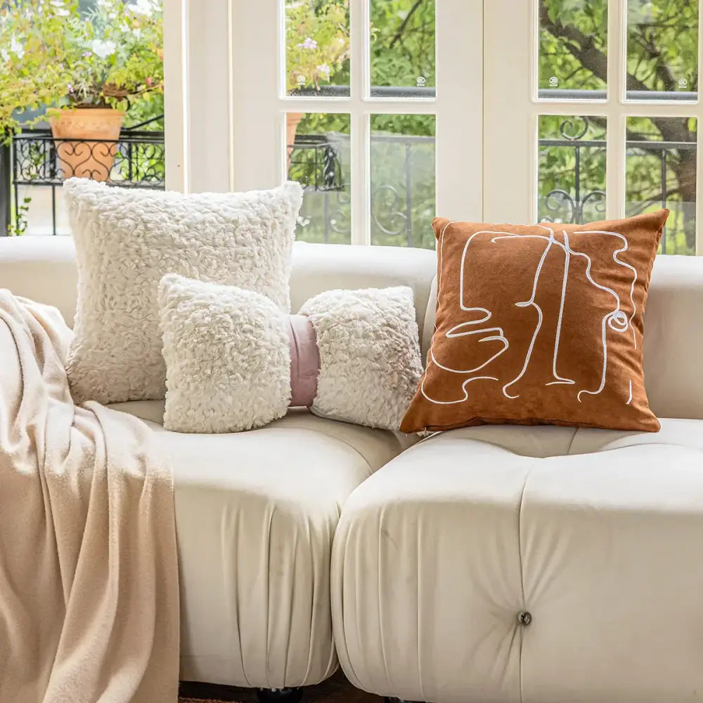 Brown & white geometric embroidery plush cushion cover living room
