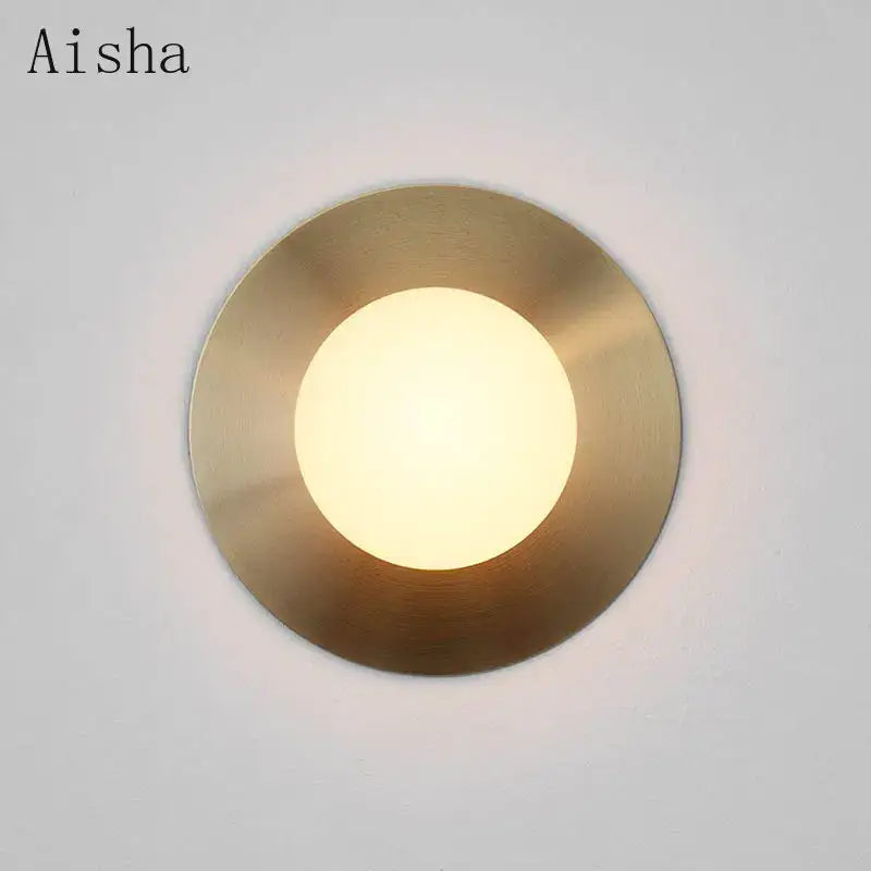 Brushed brass circular wall lamp bedroom frosted glass sconce