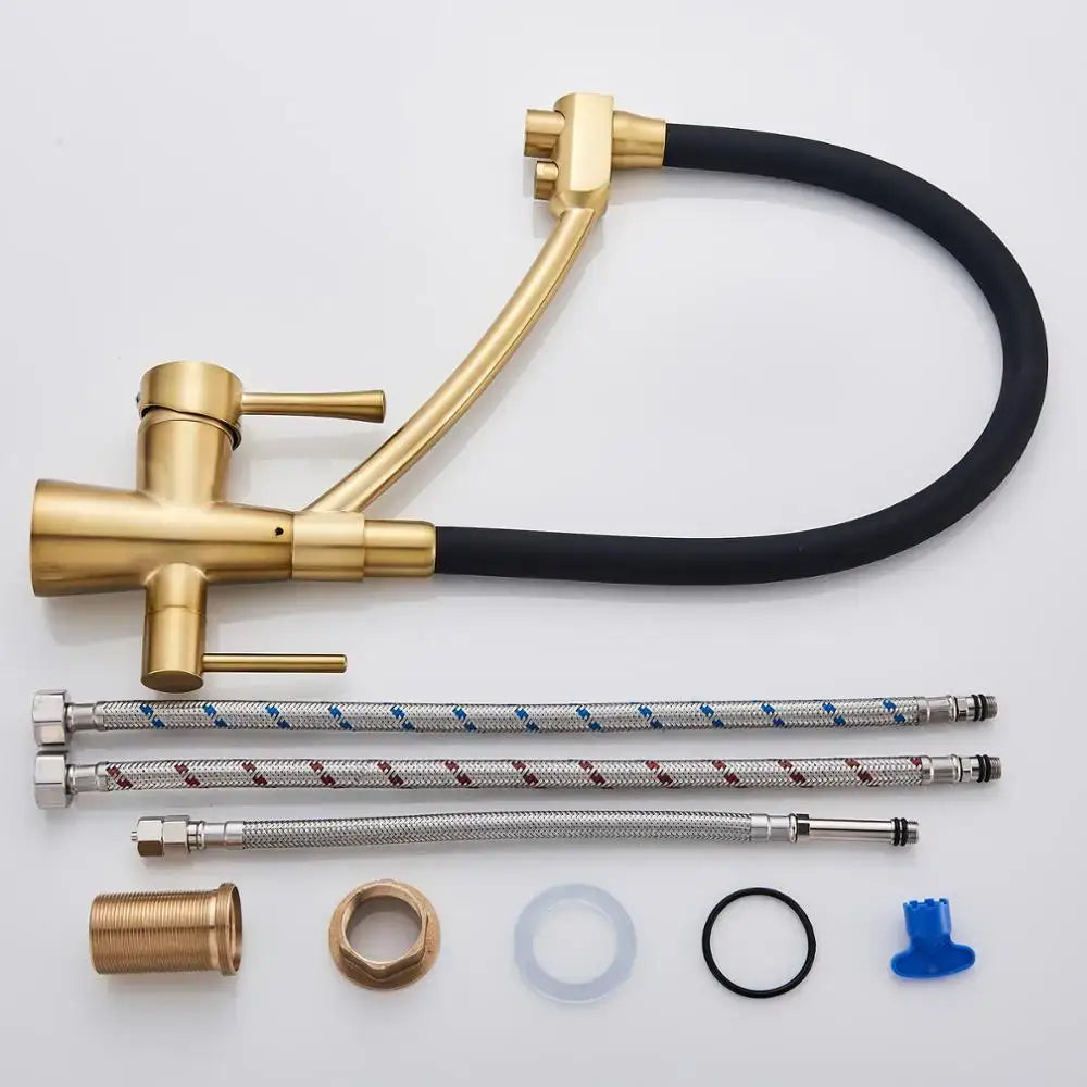 Brushed gold and black kitchen faucet with dual handles and filter