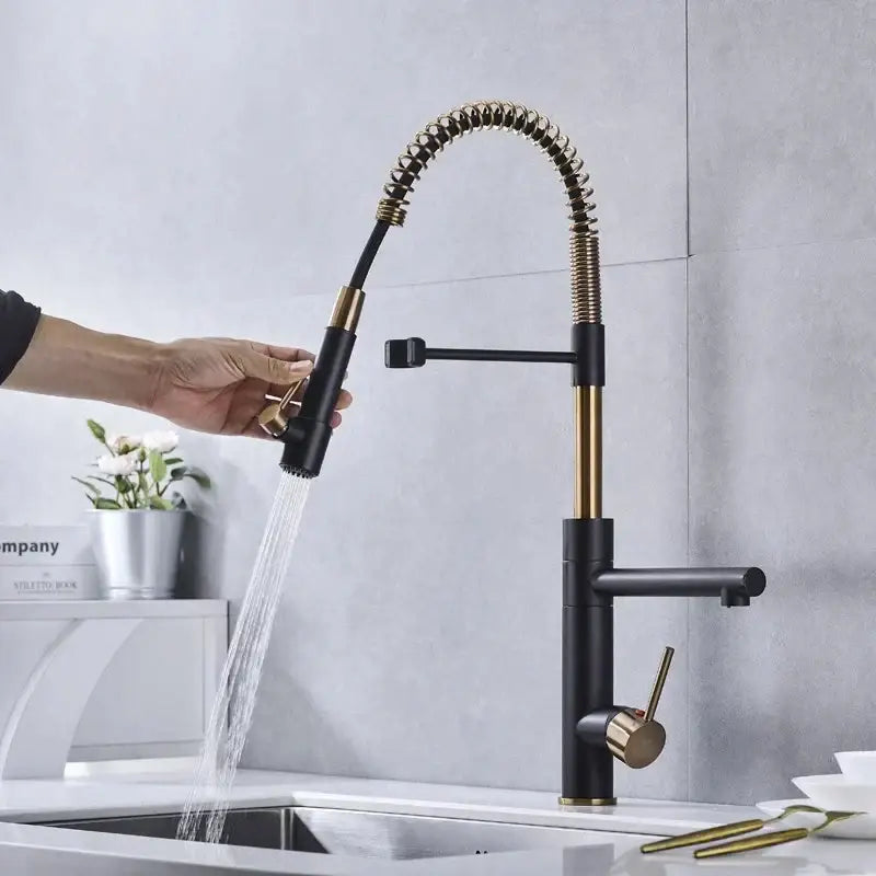 Brushed gold & black spring kitchen faucet with pull down spout