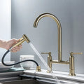 Brushed gold kitchen bridge faucet with hand shower head