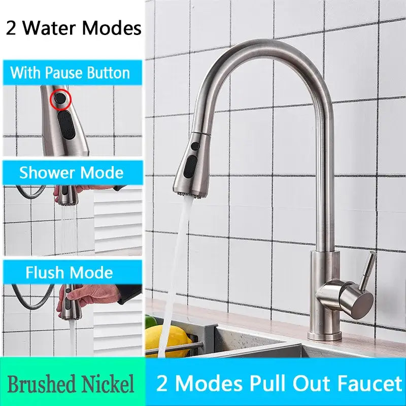 Brushed nickel kitchen faucet with flexible pull down sprayer