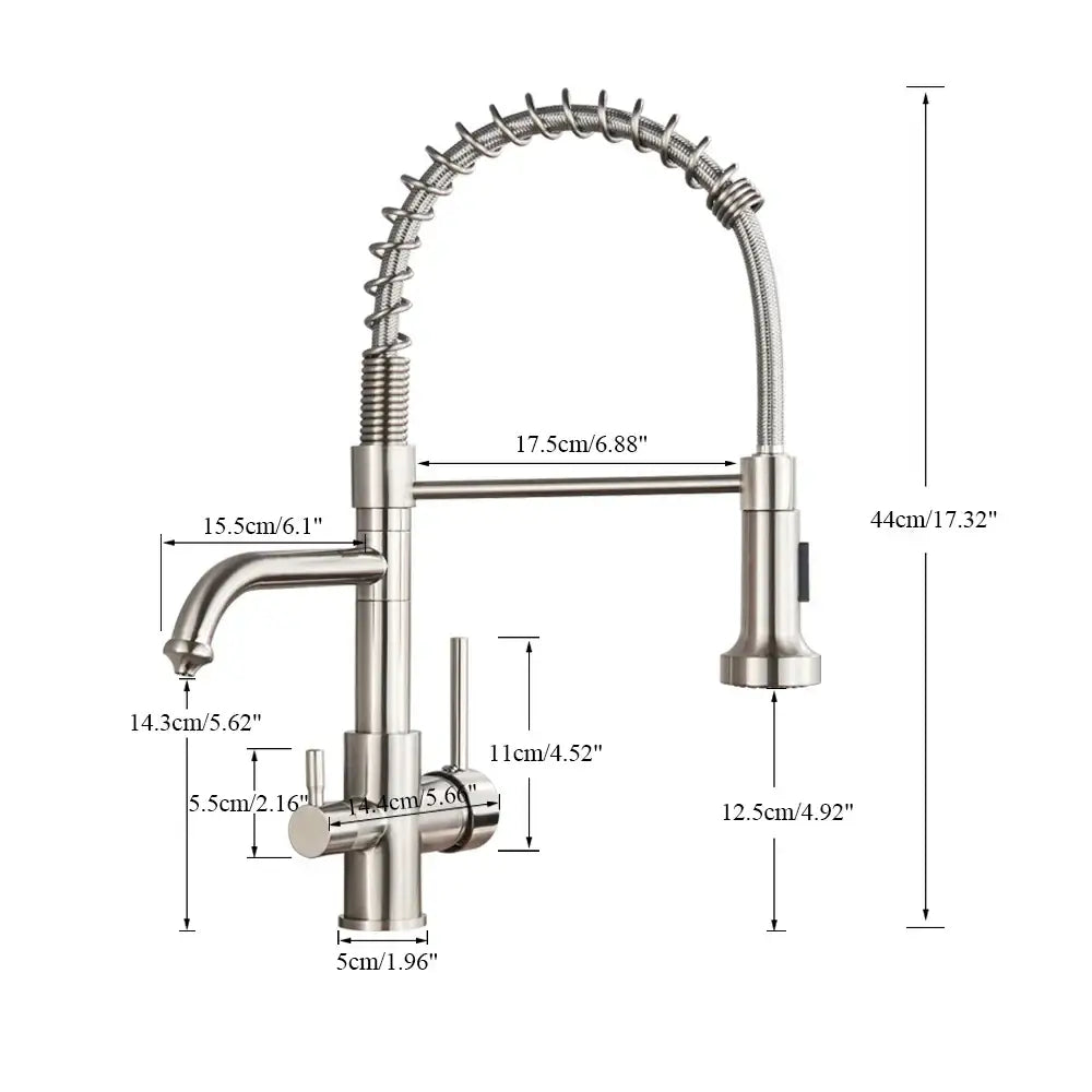 Brushed nickel kitchen faucet with pull down sprayer and spring hose