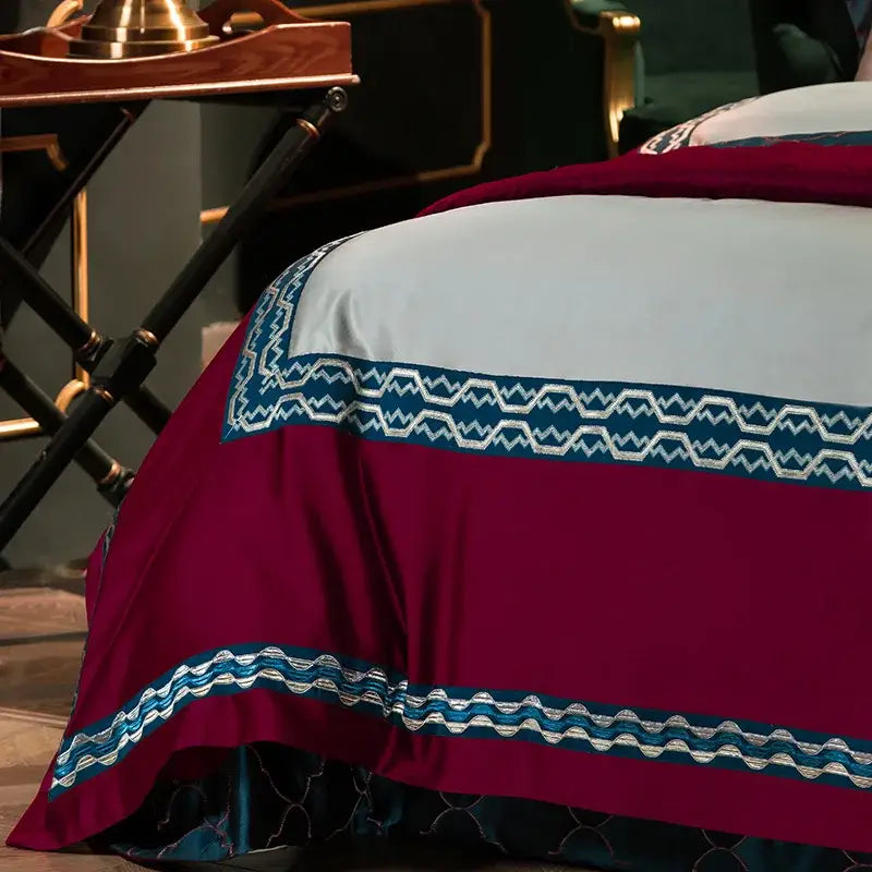 Burgundy & silver egyptian cotton embroidery bedding set bedroom