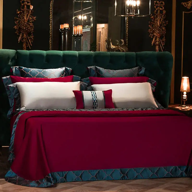 Burgundy & silver egyptian cotton embroidery bedding set bedroom