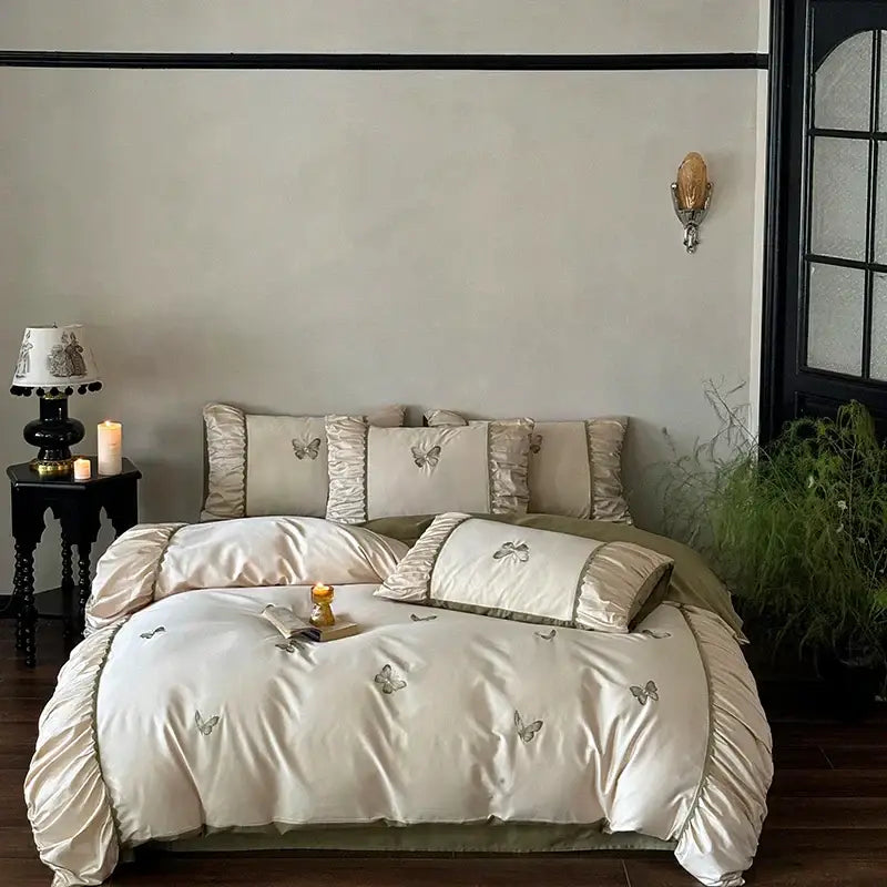 Butterfly embroidery cream satin bedding set bedroom duvet sheet