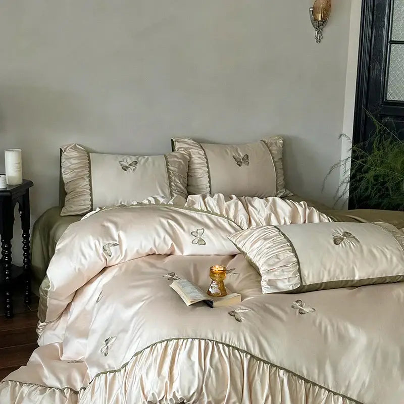 Butterfly embroidery cream satin bedding set bedroom duvet sheet