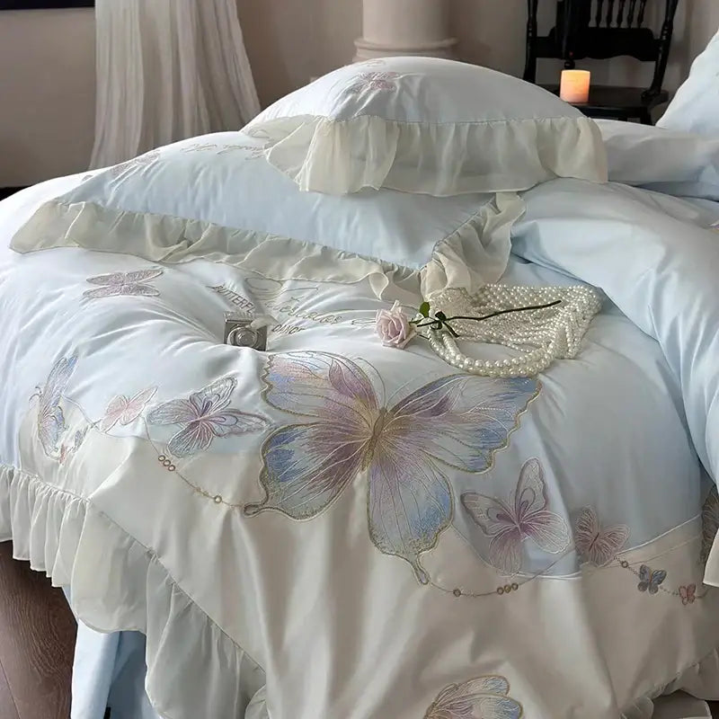 Butterfly embroidery lace ruffles bedding set light blue bedroom cotton