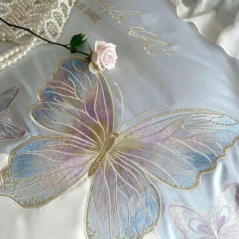 Butterfly embroidery lace ruffles bedding set light blue bedroom cotton