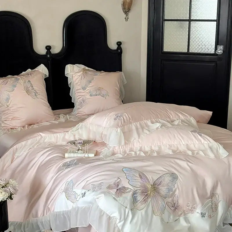 Butterfly embroidery lace ruffles bedding set light blue bedroom cotton