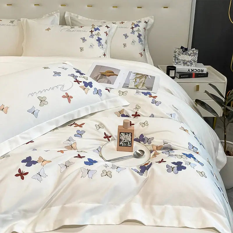 Butterfly embroidery white cotton bedding set – bedroom decor