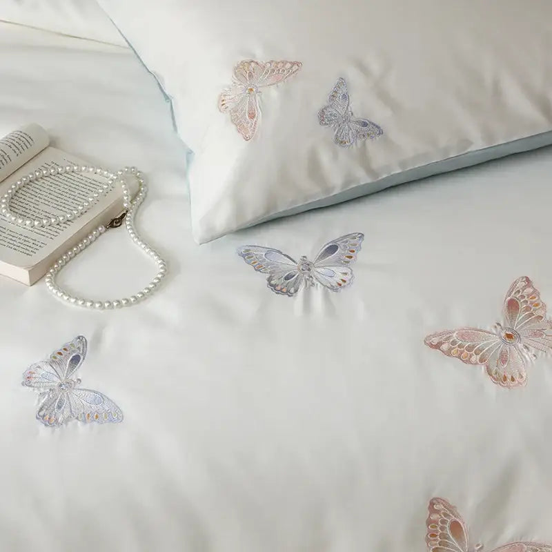 Butterfly embroidery white lyocell cotton bedding set bedroom sheets