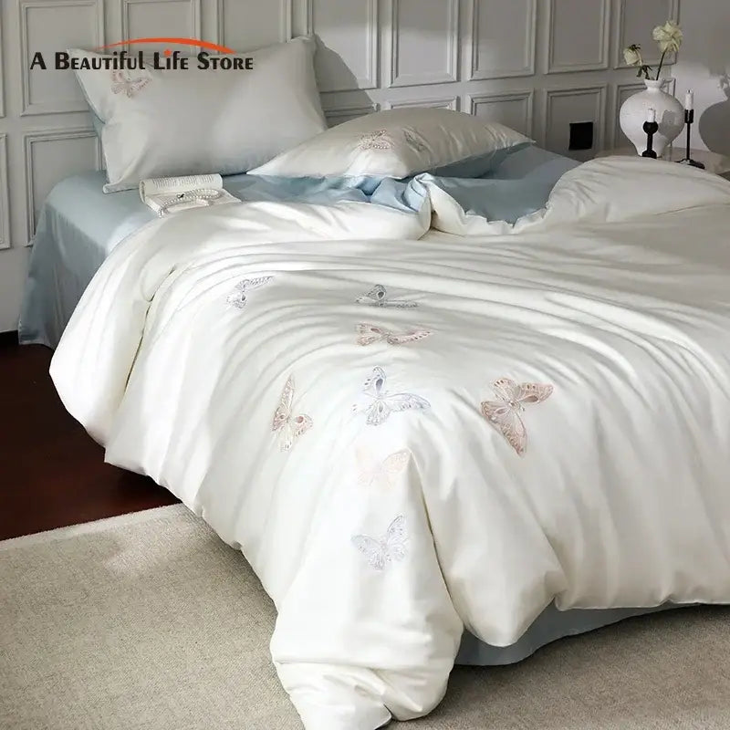 Butterfly embroidery white lyocell cotton bedding set bedroom sheets