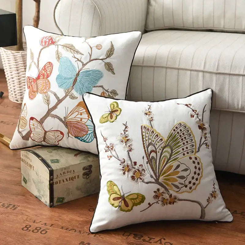 Butterfly floral cotton pillow cover bedroom embroidered decor