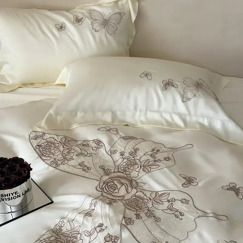 Butterfly flowers embroidery cream satin bedding set bedroom