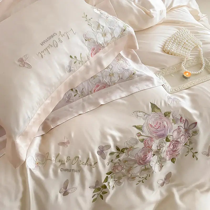 Butterfly flowers embroidery cream satin bedding set bedroom decor