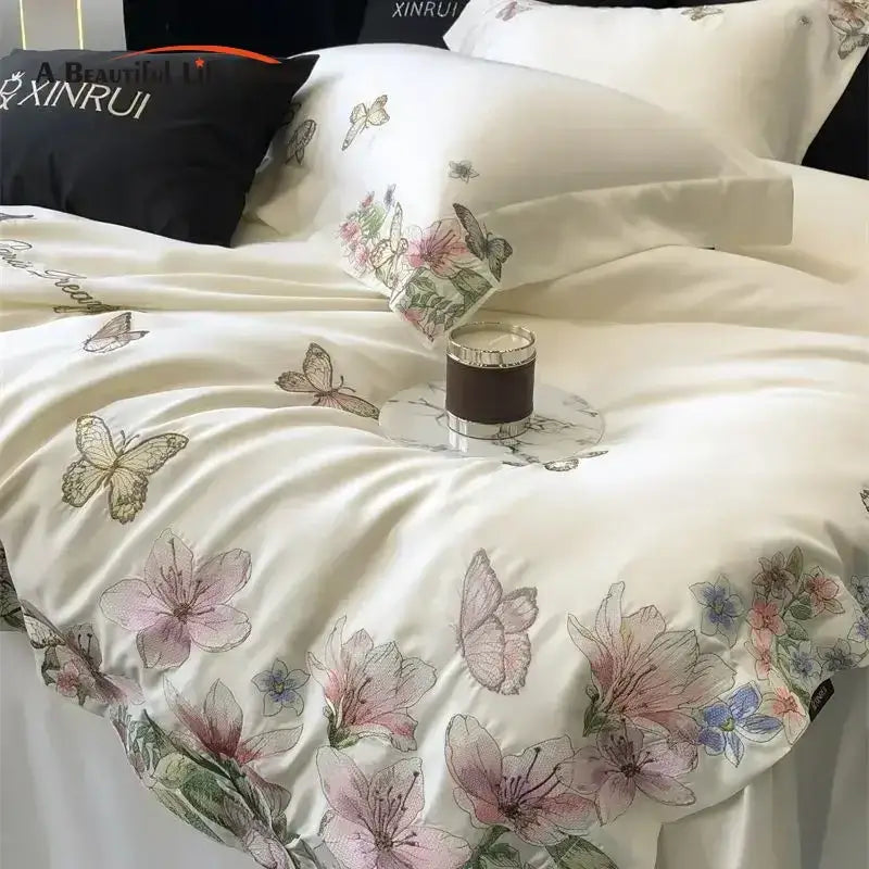 Butterfly flowers embroidery cream satin bedding set bedroom duvet cover