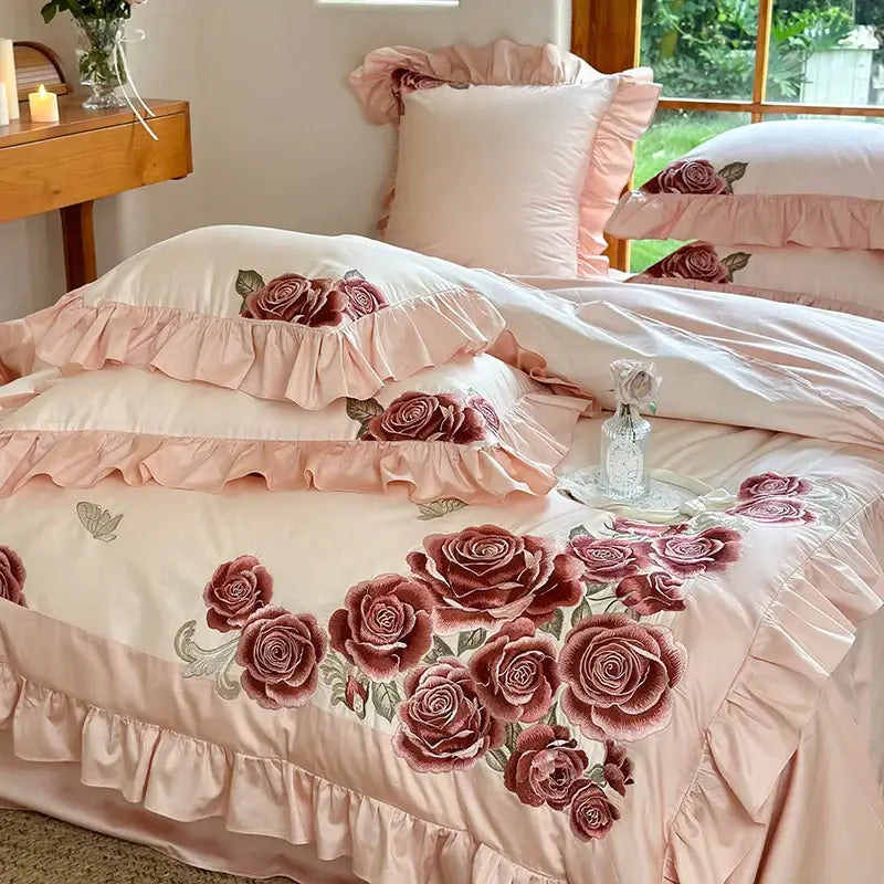 Butterfly flowers embroidery pink satin bedding set bedroom ruffles
