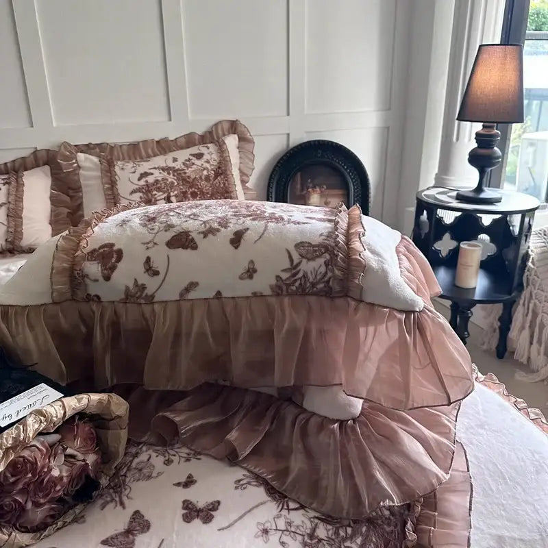 Butterfly flowers lace cream & brown velvet bedding set bedroom ruffles