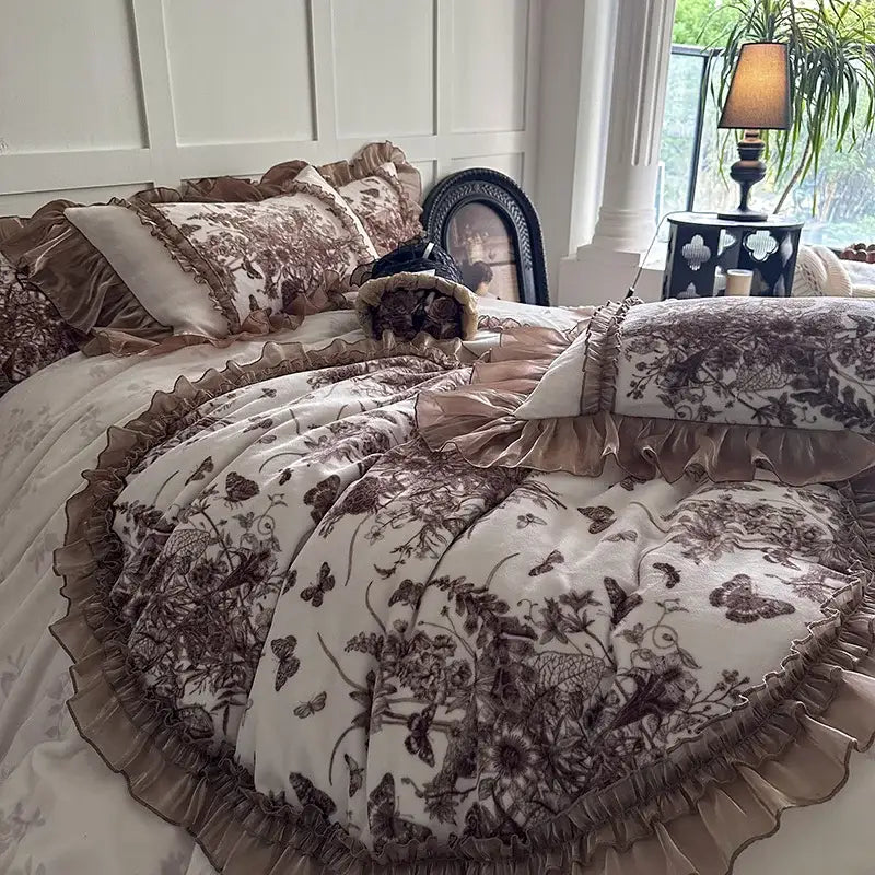 Butterfly flowers lace cream & brown velvet bedding set bedroom ruffles
