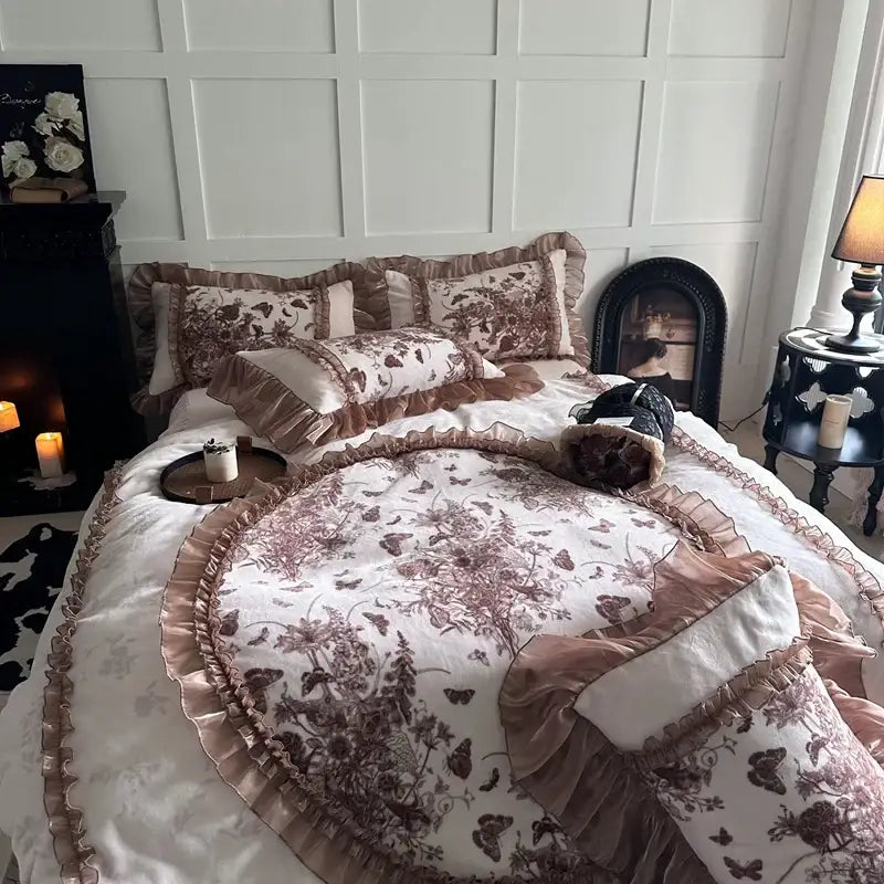 Butterfly flowers lace cream & brown velvet bedding set bedroom ruffles