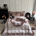 Butterfly flowers lace cream & brown velvet bedding set bedroom ruffles