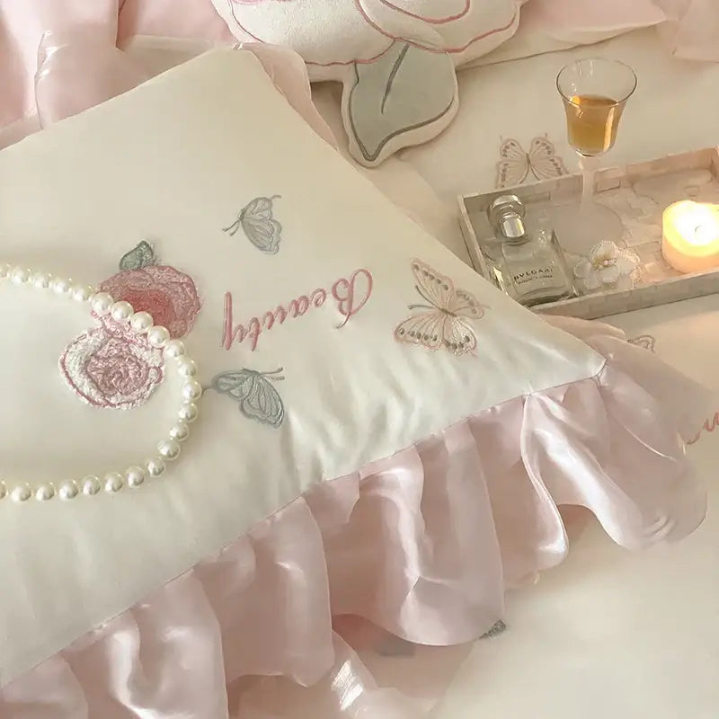 Butterfly flowers lace ruffles ivory & pink bedding set bedroom duvet