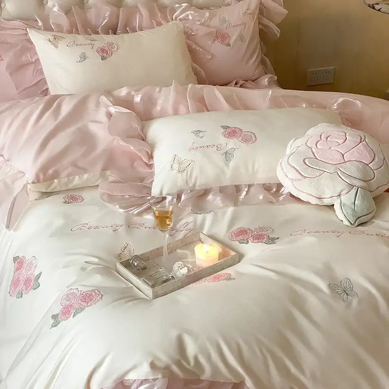 Butterfly flowers lace ruffles ivory & pink bedding set bedroom duvet